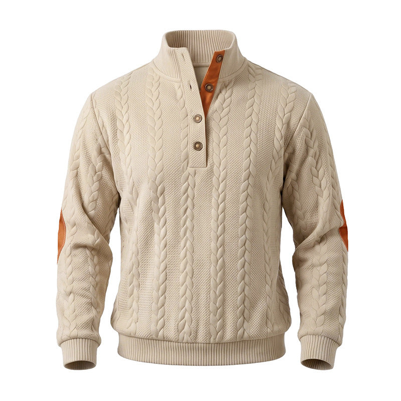 Herren Edler Zopfmuster-Strickpullover mit Kurzknopfleiste und Ellenbogenpatches Nord Taschen