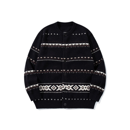Unisex Strukturierte Jacquard-Strickjacke mit Rundhalsausschnitt, Oversize-Passform und Knopfleiste Nord Taschen