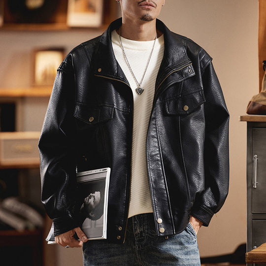 Herren Oversized Kunstlederjacke im Worker-Look mit Pattentaschen Nord Taschen