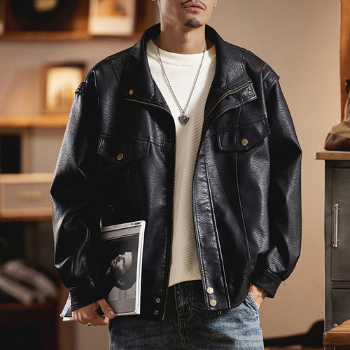 Herren Oversized Kunstlederjacke im Worker-Look mit Pattentaschen Nord Taschen