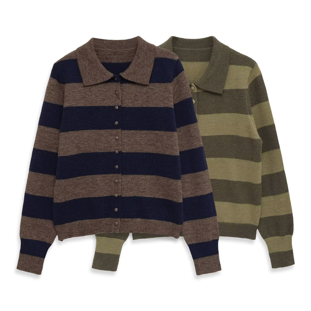 Damen Gestreifte Strickcardigan mit Hemdkragen und Knopfleiste Nord Taschen