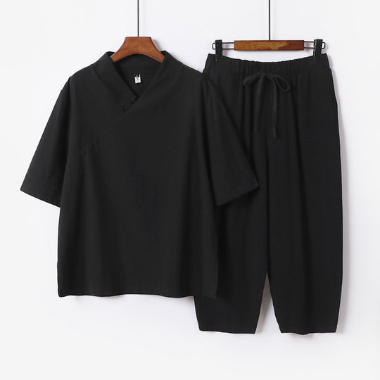 Herren Atmungsaktives Leinen-Baumwoll Lounge-Set mit asymmetrischem V-Kragen und elastischer Kordelhose Nord Taschen