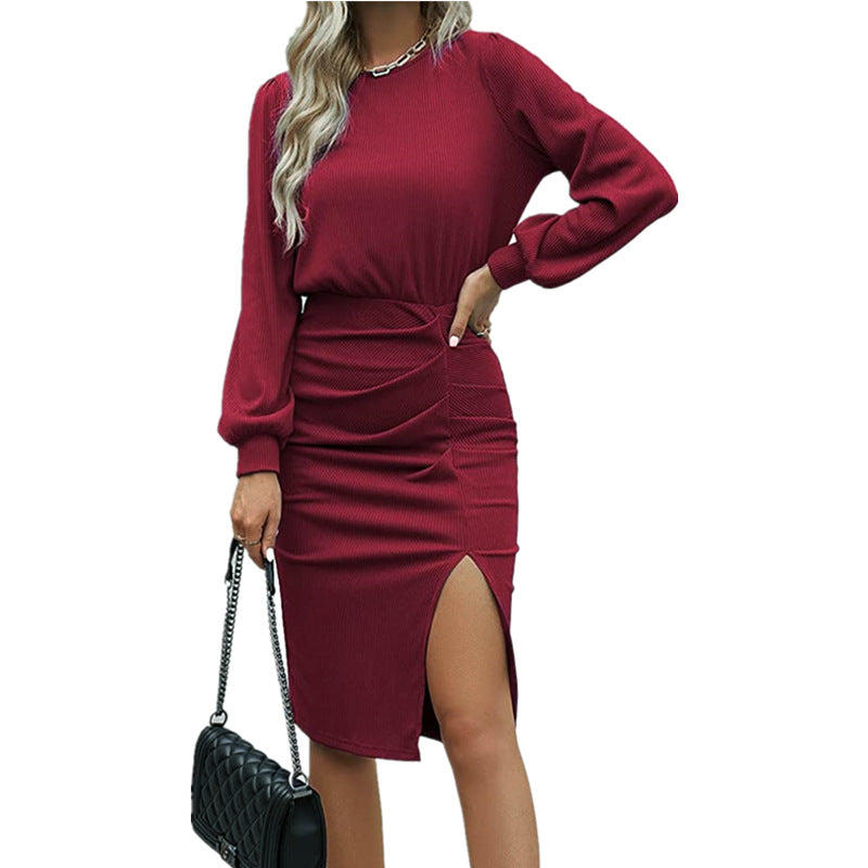 Damen Midikleid mit tailliertem Wickeleffekt, Langarm und hohem Beinschlitz Nord Taschen