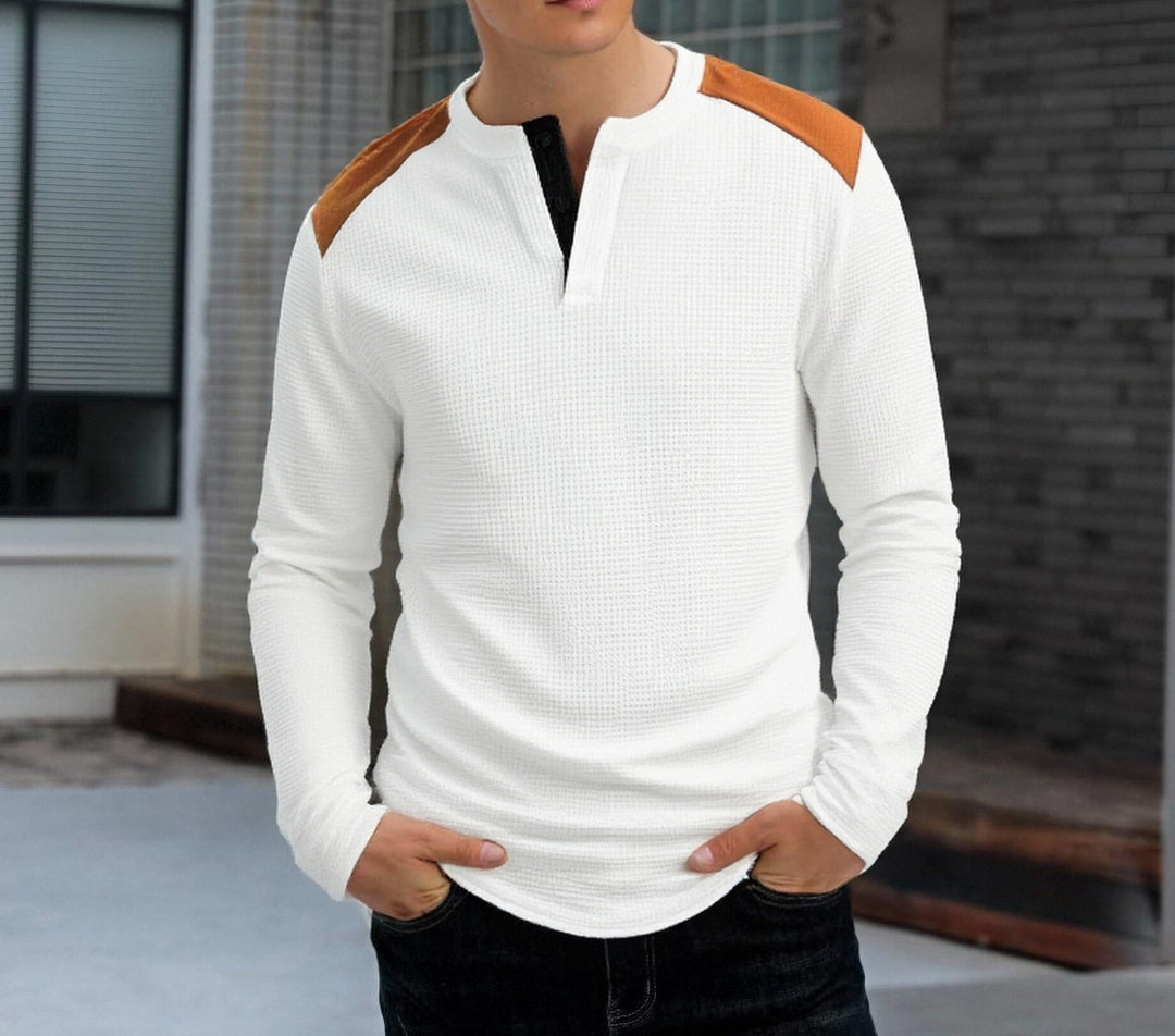 Herren strukturiertes Henley-Langarmshirt mit Stehkragen, Schulterpaspel und Waffelstruktur Nord Taschen