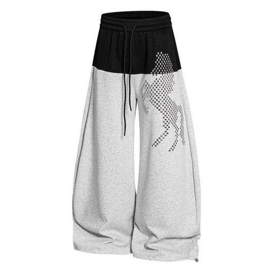 Damen Weite Palazzo-Joggpants mit hohem Elastikbund, kontrastierter Bundpartie und pixeliertem Pferde‑Motiv Nord Taschen