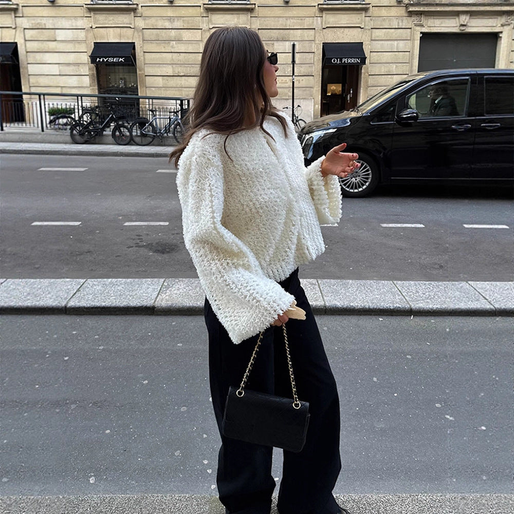 Damen Kurzgeschnittener texturierter Kunstpelz-Cardigan mit voluminösen Ärmeln Nord Taschen