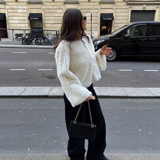 Damen Kurzgeschnittener texturierter Kunstpelz-Cardigan mit voluminösen Ärmeln Nord Taschen