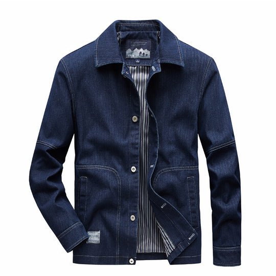 Herren Denim-Workerjacke mit geradem Schnitt, Kontrastnähten & gestreiftem Innenfutter Nord Taschen
