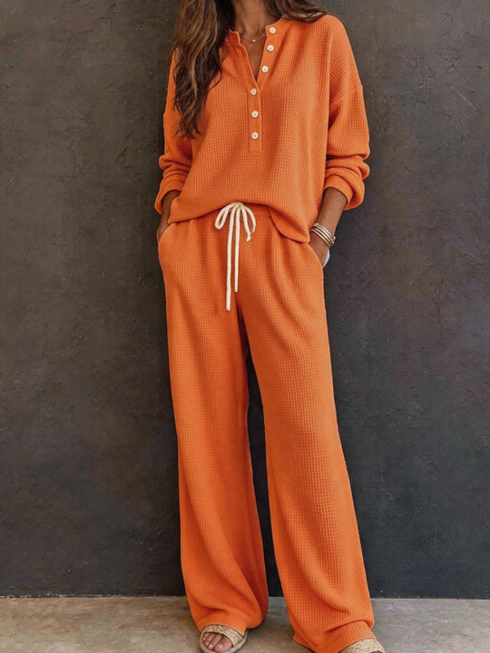 Damen Waffelstrick-Loungewear-Set mit Henley-Oberteil und weiter Kordelbundhose Nord Taschen