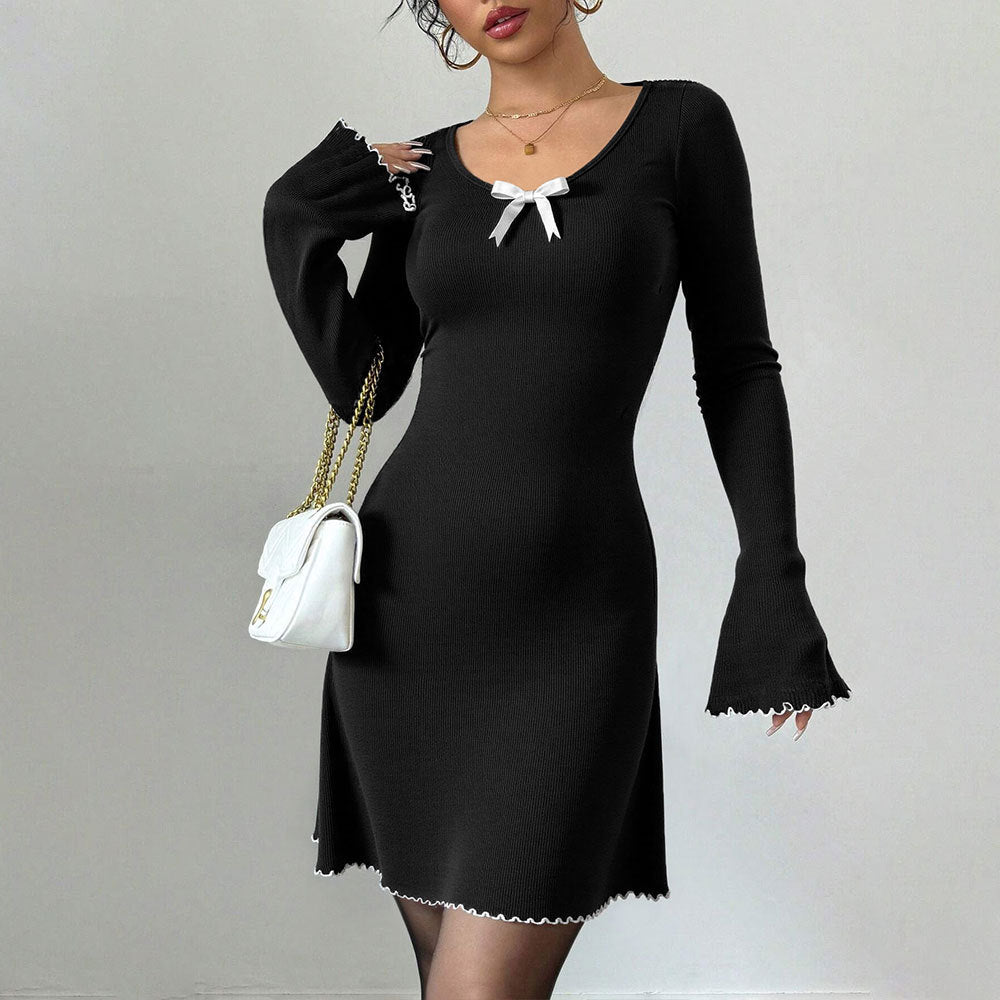 Damen geripptes Minikleid mit Trompetenärmeln, Zierschleife am Dekolleté und welligem Saum Nord Taschen