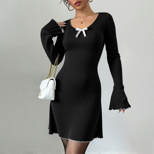 Damen geripptes Minikleid mit Trompetenärmeln, Zierschleife am Dekolleté und welligem Saum Nord Taschen