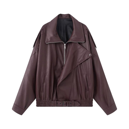 Damen Oversize Kunstleder-Bikerjacke mit asymmetrischem Reißverschluss, Gürtel und elastischem Bund Nord Taschen