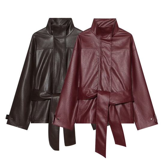 Damen Taillierte Kunstlederjacke mit hohem Stehkragen und Bindegürtel Nord Taschen
