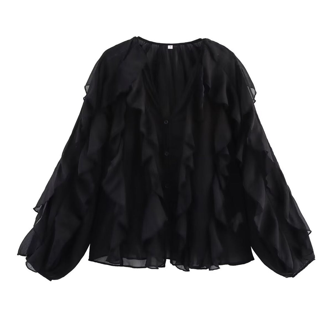 Damen Volant‑Chiffonbluse mit Lagen‑Rüschen und weiten Ballonärmeln Nord Taschen