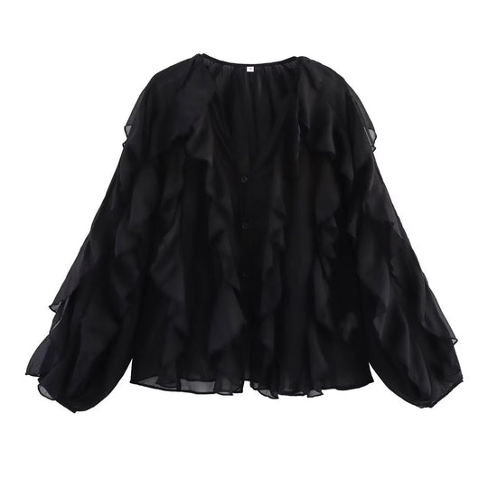 Damen Volant‑Chiffonbluse mit Lagen‑Rüschen und weiten Ballonärmeln Nord Taschen