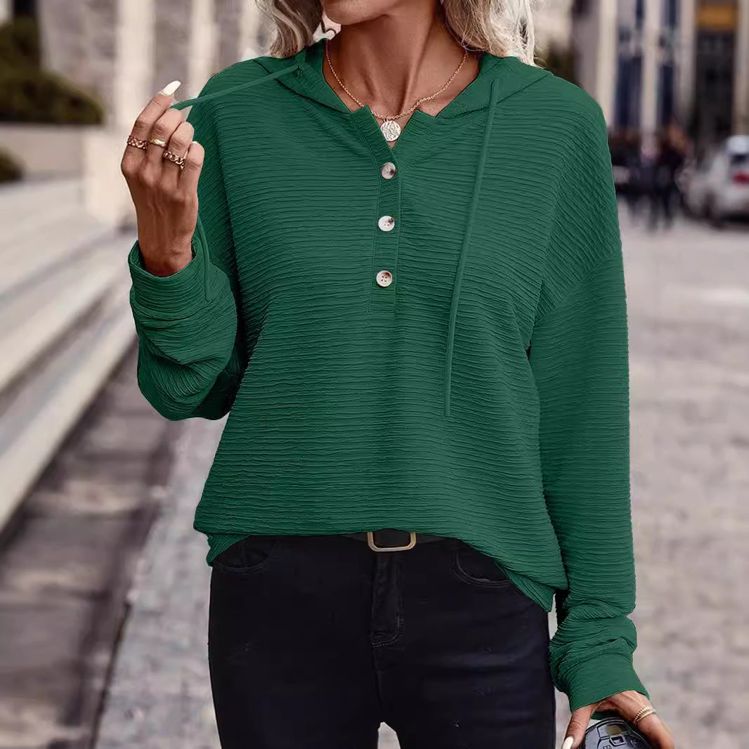 Damen Texturierter Kapuzenpullover mit Knopfleiste und Oversize-Schnitt Nord Taschen