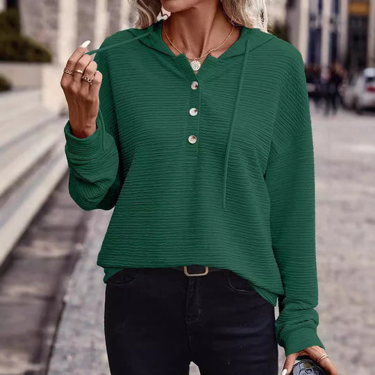 Damen Texturierter Kapuzenpullover mit Knopfleiste und Oversize-Schnitt Nord Taschen