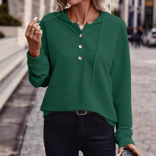 Damen Texturierter Kapuzenpullover mit Knopfleiste und Oversize-Schnitt Nord Taschen