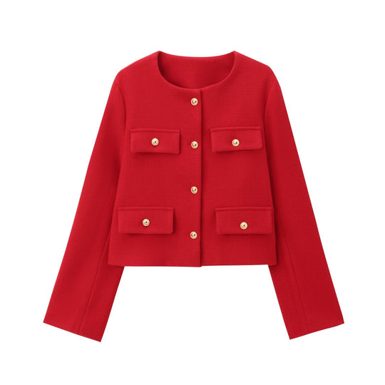 Damen Bouclé-Cropped-Jacke mit vier Pattentaschen und goldenen Schmuckknöpfen Nord Taschen