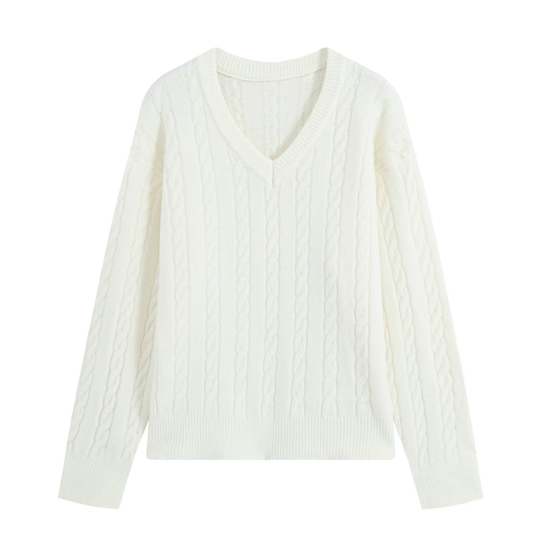 Damen Oversize Zopfmuster-Pullover mit V-Ausschnitt und breitem Rippbündchen Nord Taschen