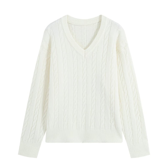 Damen Oversize Zopfmuster-Pullover mit V-Ausschnitt und breitem Rippbündchen Nord Taschen