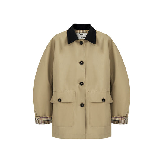 Damen Kurztrenchjacke mit Karofutter und Kontrastkragen Nord Taschen