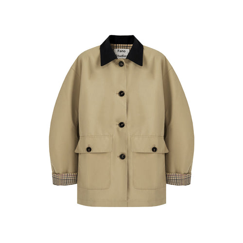 Damen Kurztrenchjacke mit Karofutter und Kontrastkragen Nord Taschen