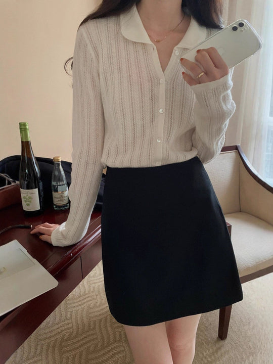 Damen Leichter Ajourstrick-Knopfccardigan mit Hemdkragen und feiner Zopfmusterstruktur Nord Taschen