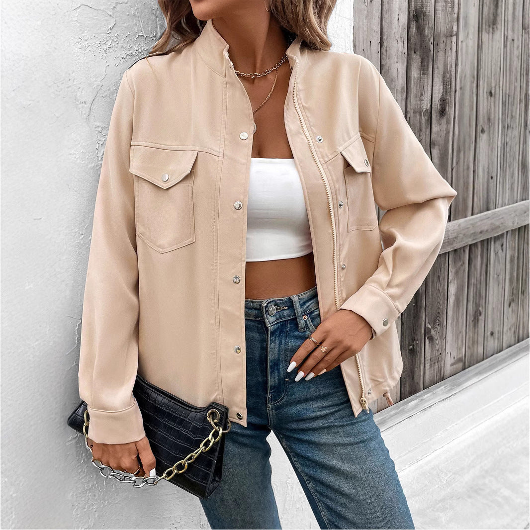 Damen Oversize Hemdjacke mit Druckknopf-Front, Brustklappen und Tunnelzugsaum Nord Taschen