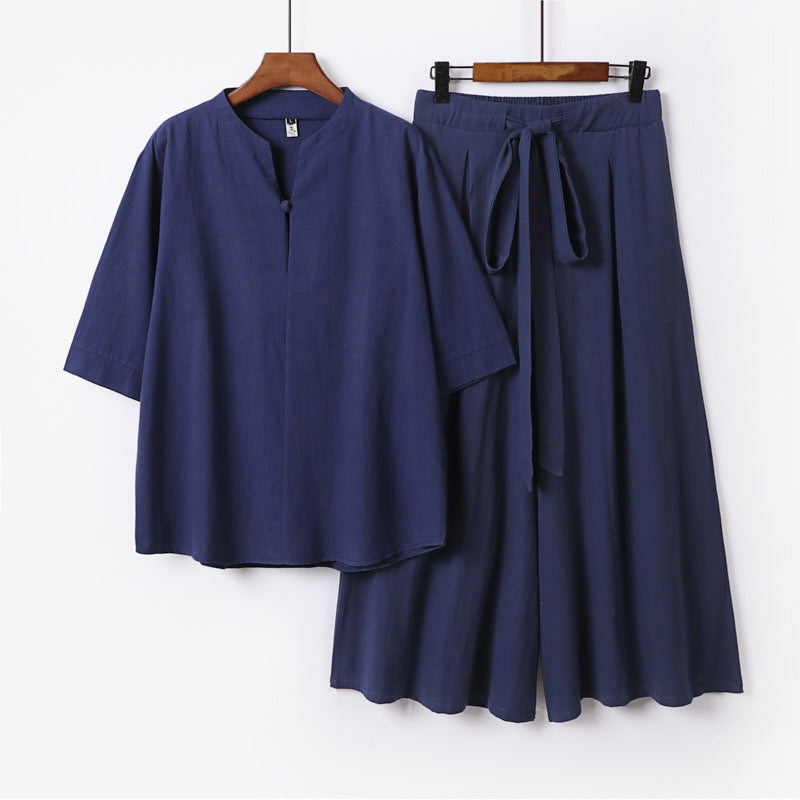 Damen Lässiges Leinen-Viskose Lounge-Set mit Stehkragen-Oberteil und weiten Palazzo-Hose Nord Taschen