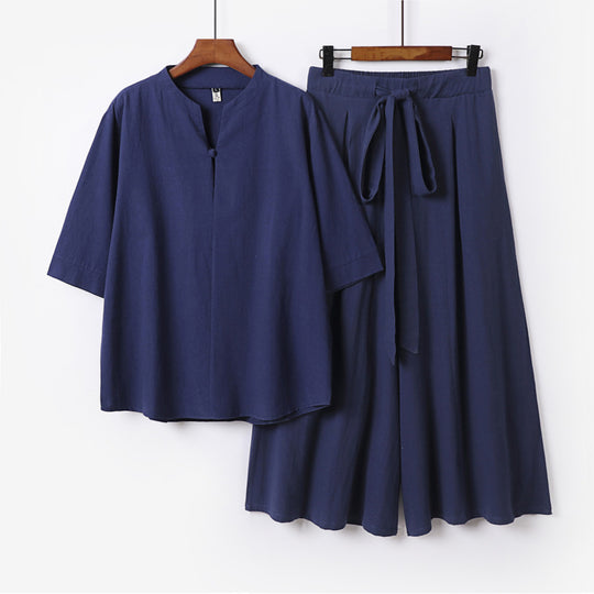 Damen Lässiges Leinen-Viskose Lounge-Set mit Stehkragen-Oberteil und weiten Palazzo-Hose Nord Taschen
