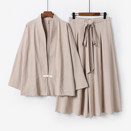 Damen Zen-inspiriertes Kimono-Set aus fließender Viskose mit kurzer Jacke und weiter Culotte-Hose Nord Taschen