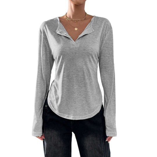 Damen legeres V-Ausschnitt Langarmshirt mit offenem Kragen, weichem Jersey und abgerundetem Saum Nord Taschen