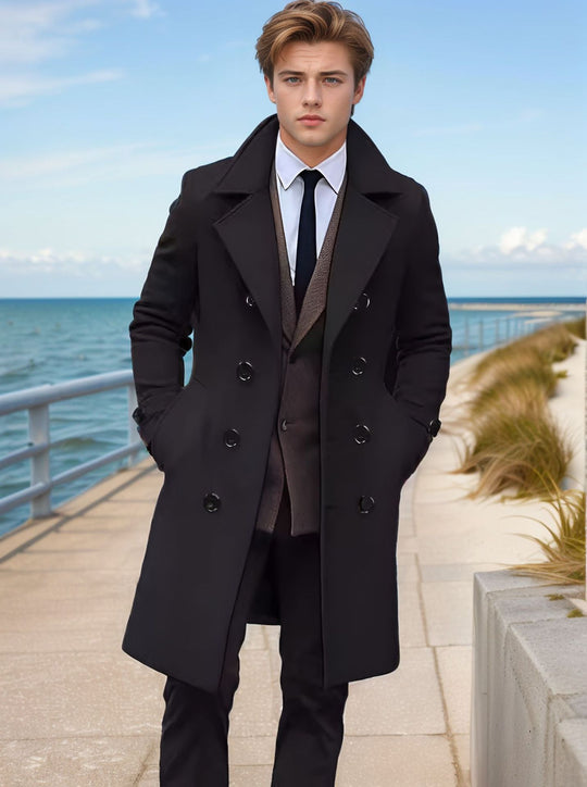 Herren Eleganter einreihiger Langmantel aus Wollmix mit schmaler Silhouette und Reverskragen Nord Taschen