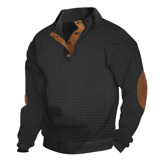 Herren Waffelstrick-Halbzip-Pullover mit Stehkragen Lederbesatz und Ellbogenpatches Nord Taschen