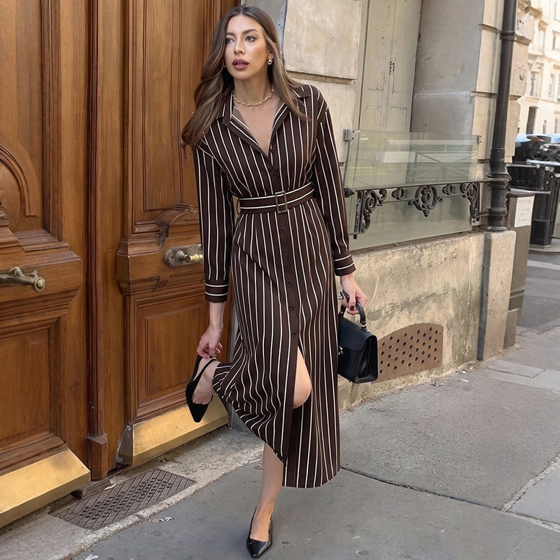 Damen Hemdblusenkleid mit Taillengürtel und vertikalem Nadelstreifen Nord Taschen