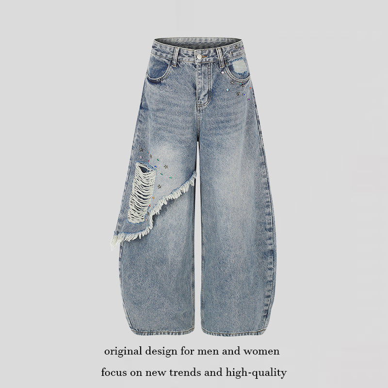 Damen High‑Waist weite Palazzo-Jeans mit asymmetrischem Fransen-Detail und Strassapplikation Nord Taschen