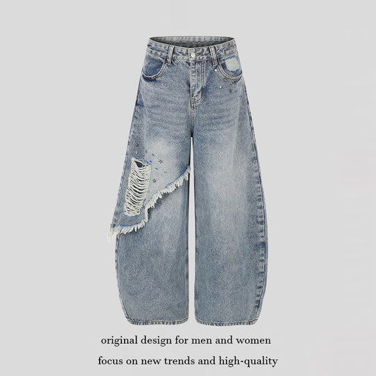 Damen High‑Waist weite Palazzo-Jeans mit asymmetrischem Fransen-Detail und Strassapplikation Nord Taschen