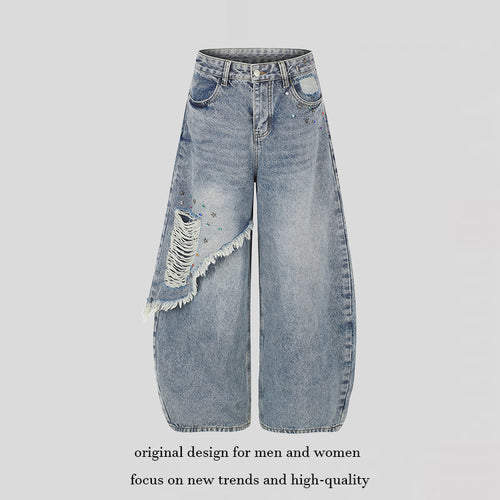 Damen High‑Waist weite Palazzo-Jeans mit asymmetrischem Fransen-Detail und Strassapplikation Nord Taschen