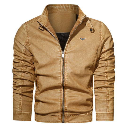 Herren Slim-Fit Jeansblouson im Pilotenstil mit Stehkragen, Ärmelraffungen und Reißverschlusstaschen Nord Taschen