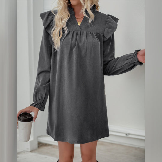 Damen Volant-Hemdkleid mit geraffter Passe, Stehkragen und elastischen Manschetten Nord Taschen