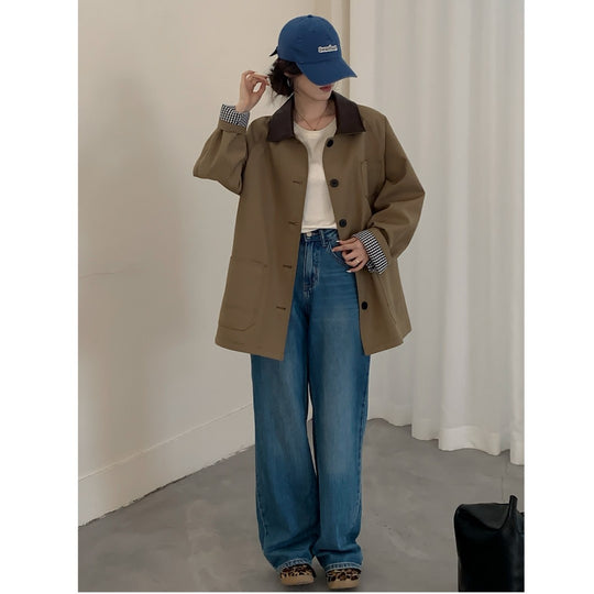 Damen Oversize Kurzjacke im Trenchstil mit Lederoptik-Kragen und karierten Umschlagmanschetten Nord Taschen