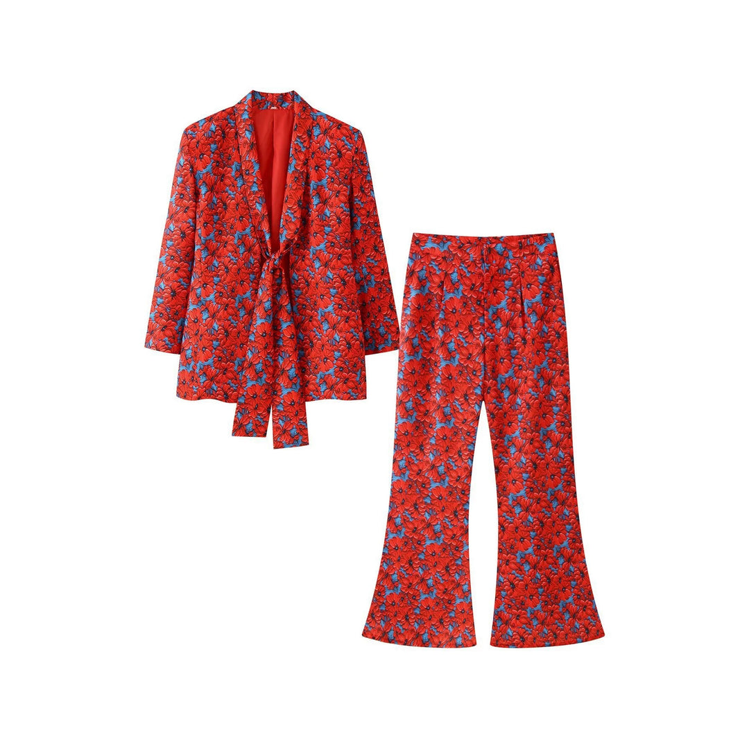 Damen 20+ zweiteiliges Satinset mit lockerem Knotenblazer und weiter Palazzohose Nord Taschen