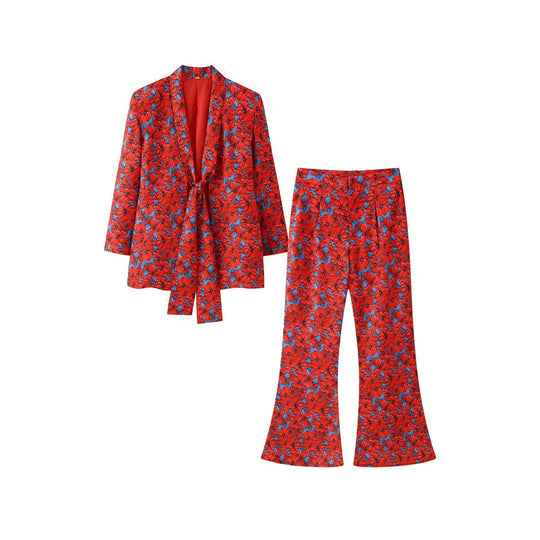 Damen 20+ zweiteiliges Satinset mit lockerem Knotenblazer und weiter Palazzohose Nord Taschen