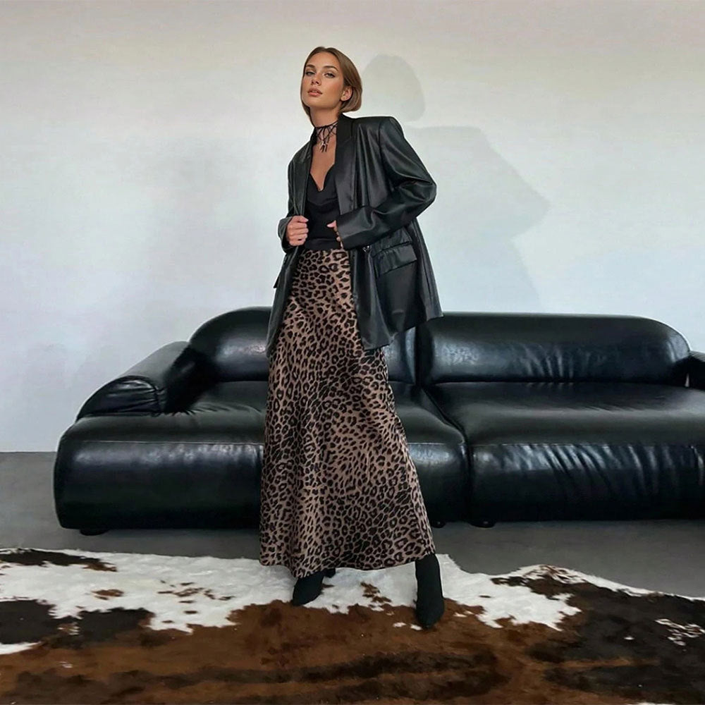Damen Maxirock mit hohem Bund, ausgestellter A-Linie und markantem Leopardenprint Nord Taschen