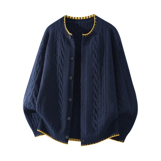 Damen Oversize Zopfmuster-Cardigan mit Rundhalsausschnitt, Ballonärmeln & Kontrastnaht Nord Taschen
