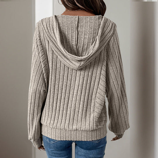 Damen Gerippter Kapuzenpullover mit Henley-Knopfleiste und leichter Cropped-Passform Nord Taschen