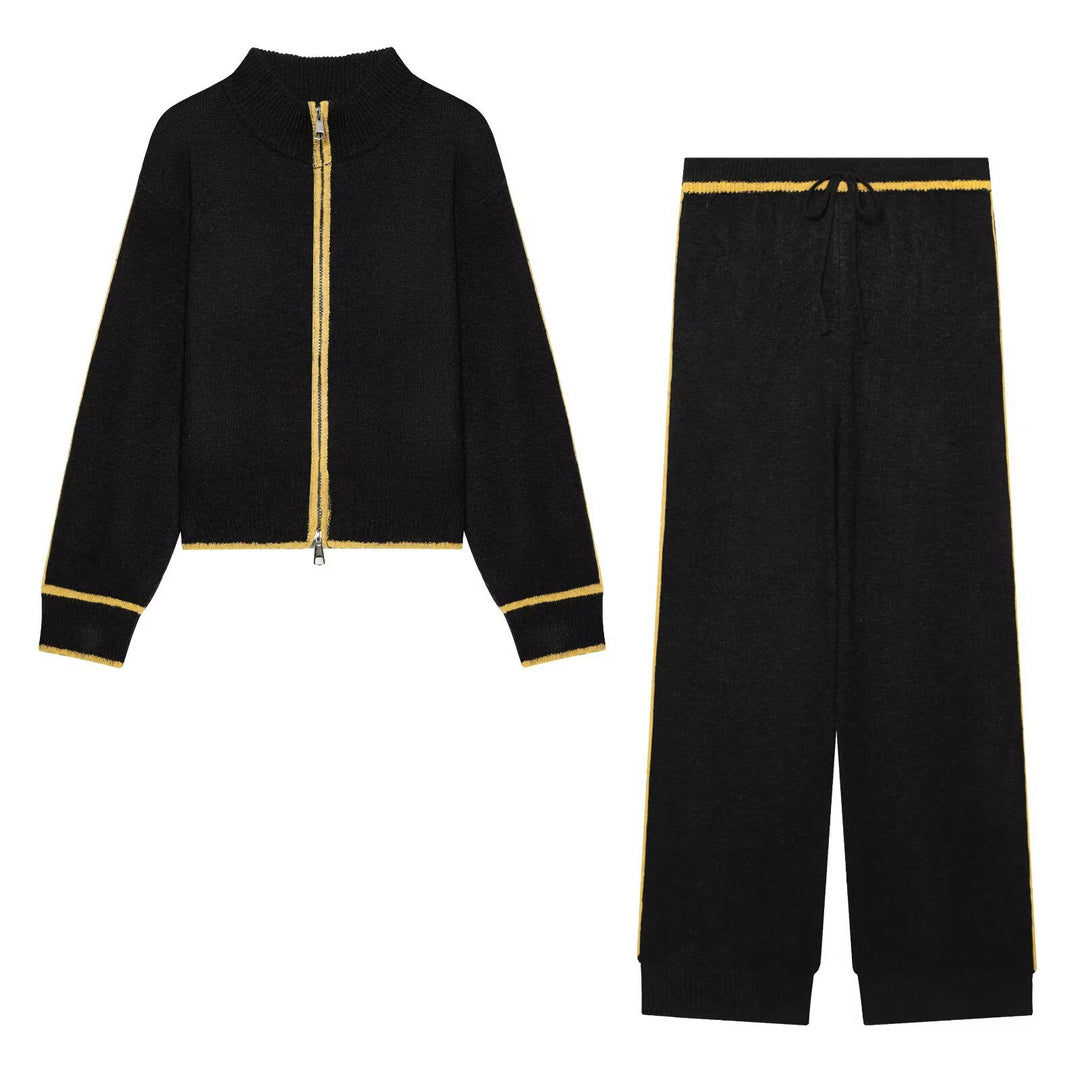 Damen Strick-Set mit Reißverschlussjacke, Stehkragen und weitem Relax-Hosenbein Nord Taschen