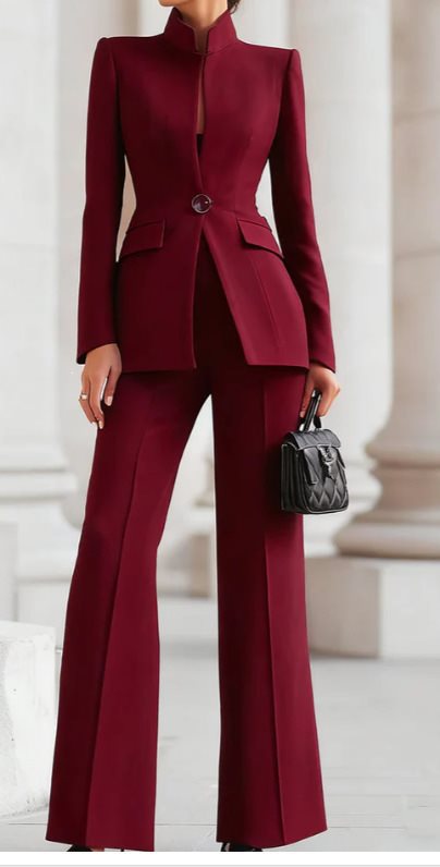 Damen Taillierter Blazer mit Stehkragen und High‑Waist ausgestellte Hose Nord Taschen