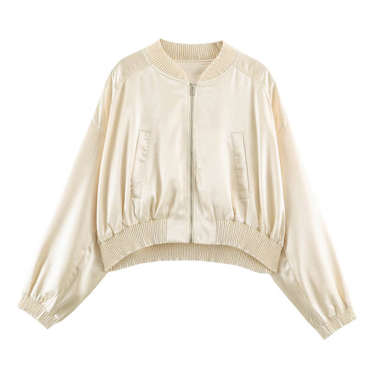 Damen Cropped Bomberjacke aus Satin mit Rippbündchen Nord Taschen
